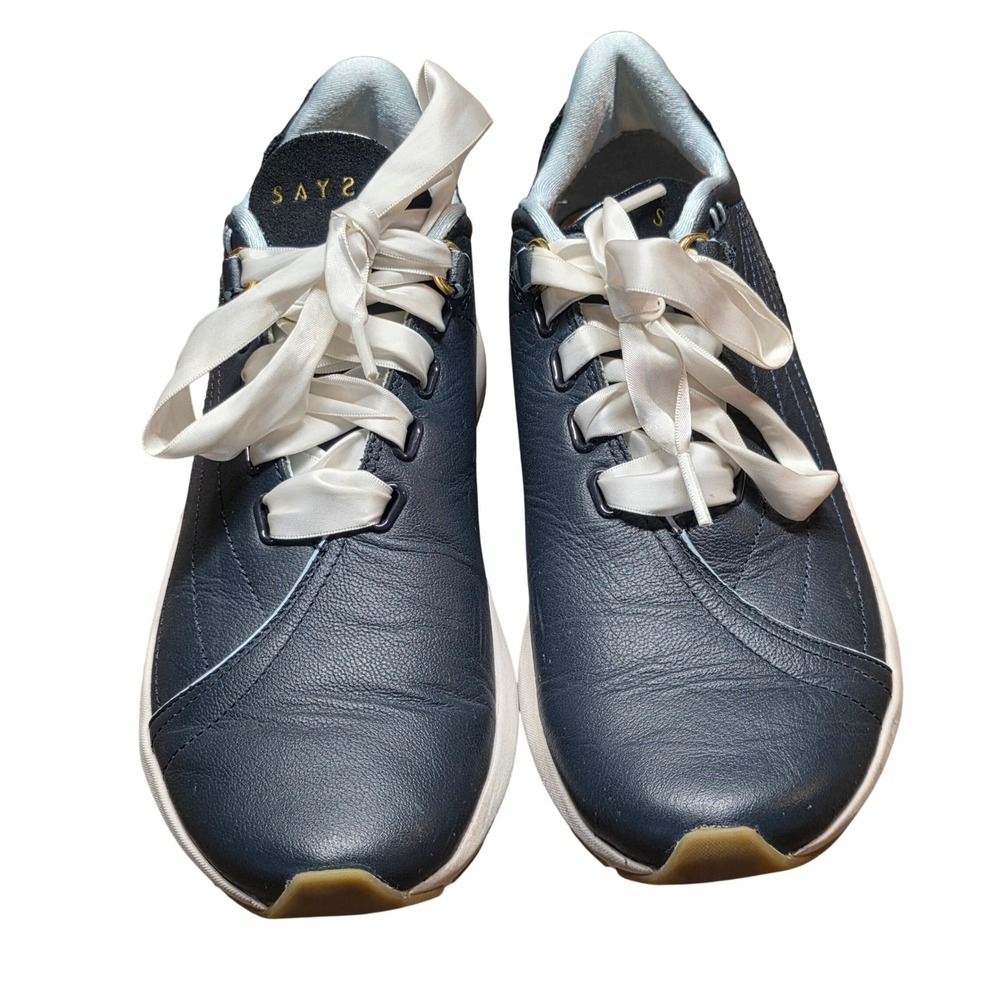 Athleta SAYSH One Navy Blue Leather Lifestyle‎ Sneakers Satin Ribbon Laces Gold